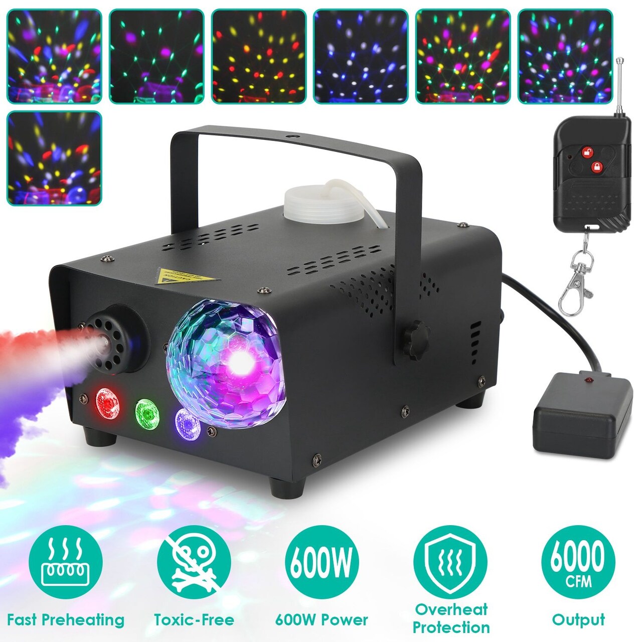 Fog Machine with Disco Ball RGB Lights 600W 6000CFM Smoke Machine with 8 Colorful Lighting Effects Wireless Remote Control for Party Wedding Stage Halloween Christmas GPCT5250